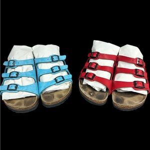 Birkenstock Florida Triple Strap  Sandals Red And Blue Synthetic Ladies Size 37